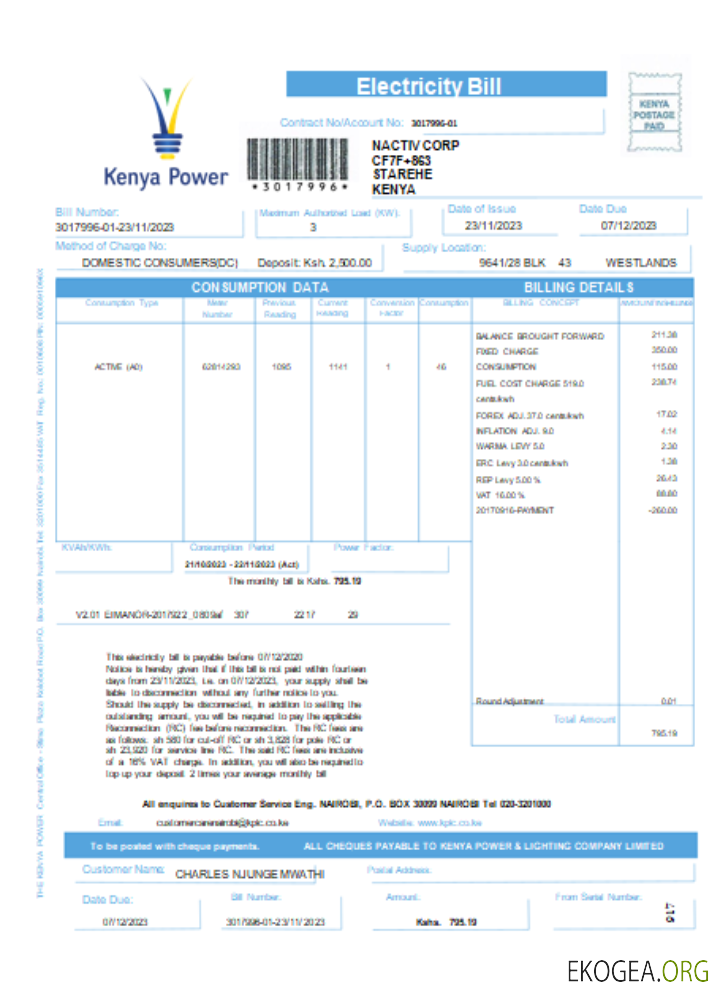 Facture commerciale du service public d'électricité du Kenya, SCR